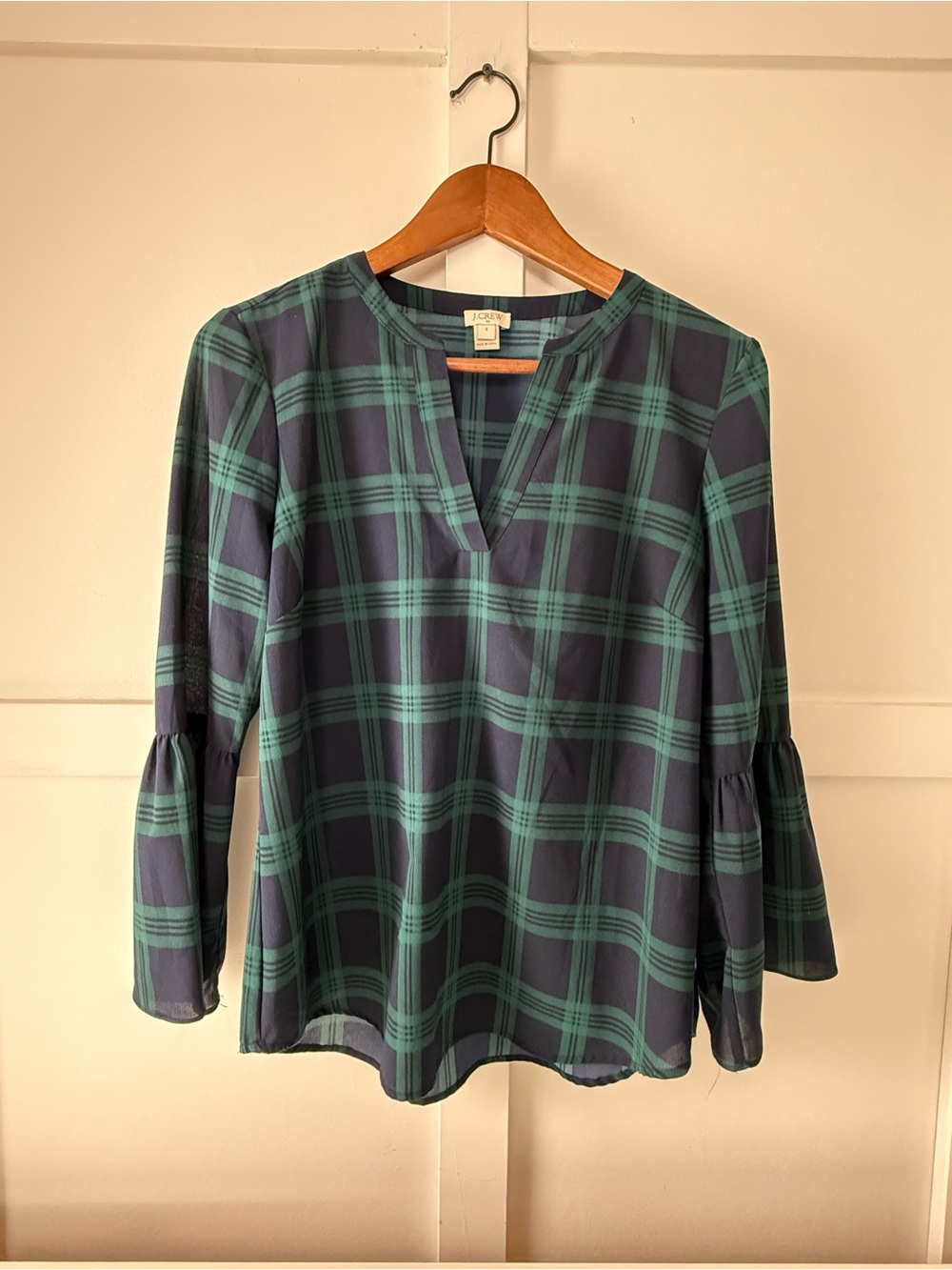 J.Crew Navy & Green Plaid Bell Sleeve Blouse Size S